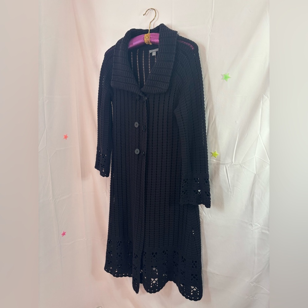 Y2K Black Crochet Open Knit Flare 3/4 Sleeve Whimsigoth Duster Cardigan Size M